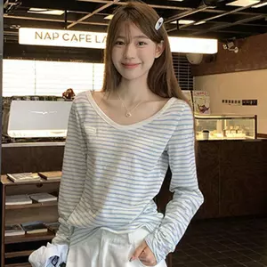 Áo thun dài tay sọc mỏng phong cách mới mùa hè dành cho nữ Slim-Fit Slim-Fit Slimmer Look Áo chống nắng giản dị sang trọng Top