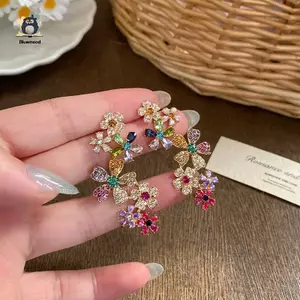 Bông tai hoa Zircon đầy màu sắc lãng mạn dành cho nữ Thời trang bé gái Bông tai hoa hình giọt nước ngọt ngào Quà tặng trang sức dự tiệc tinh tế Mới