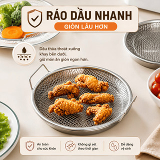 Combo Khay Lọc Dầu Inox 304 Cao Cấp Kèm Vỉ Lưới, Khay Ráo Dầu Chiên Rán Đựng Thực Phẩm Đa Năng