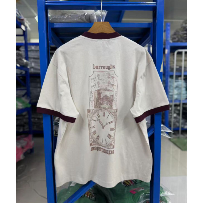 Chất Lượng Cao Retro Cũ Hình Ảnh Bé Gái Và Chó In Hình Rời Nam Nữ Áo Tương Phản Vân Cạnh Cổ Tròn Áo Thun Tay Ngắn