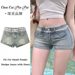 Quần Short Denim Thấp Eo Nữ Ren Viền Khâu Skinny Co Giãn Hông Nâng Chữ A Quần Nóng