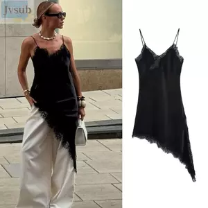 Váy ren nữ JVSUB, Đầm nữ Satin bất đối xứng, Đầm đeo cổ chữ V không tay hợp thời trang Trang phục mùa hè