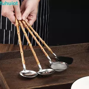 FUHUIOT Tre Tay Cầm Rây, Thìa Mì Chống bỏng Inox 304, Bộ Đồ Ăn Tay Cầm Dài Phong Cách Nhật Bản Muỗng Canh Bánh Bao
