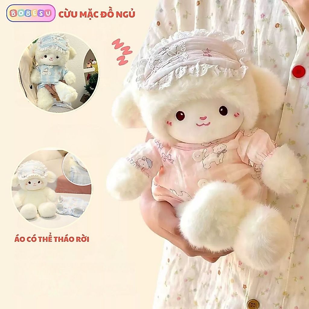 Gấu Bông Cừu Mặc Đồ Ngủ Dễ Thương, Thú Nhồi Bông Lông Cừu Mềm Mịn Làm Gấu Ôm Ngủ Cho Bé, Quà Tặng Sinh Nhật
