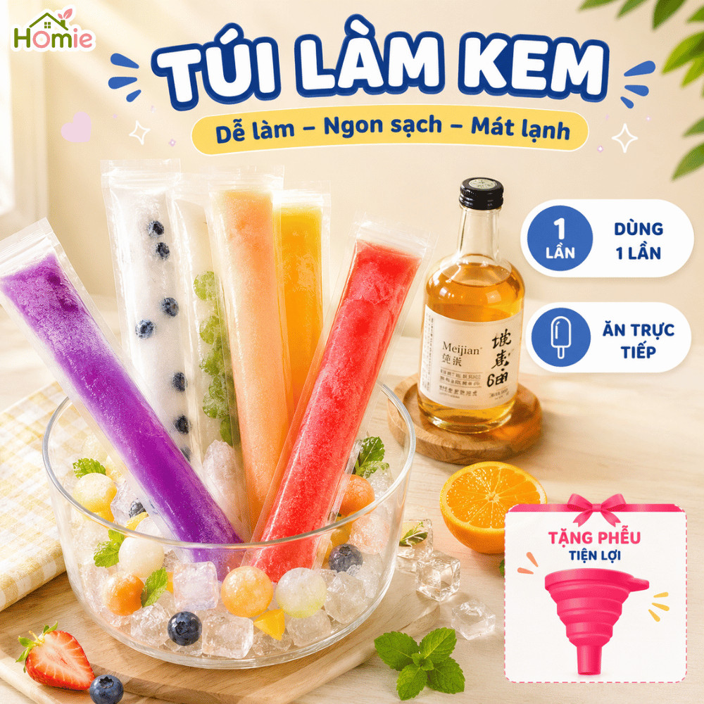 Set 100 Túi Làm Kem Dùng 1 Lần HOMIE, Túi Làm Đá Siro, Sữa Chua, Nước Trái Cây An Toàn Kèm Phễu