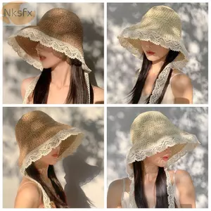 Mũ Rơm NKSFX, Mũ Viền Ren UPF 50 + Có Thể Gập Lại, UV Bảo Vệ Vành Lớn Chống Nắng Mũ Chống Nắng Nữ Bé Gái