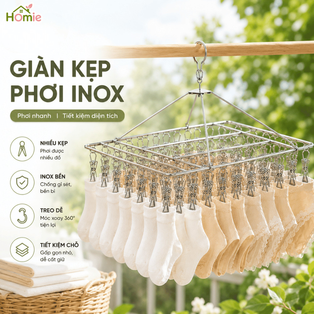 Móc Phơi Kẹp Inox Đa Năng 20-50 Kẹp HOMIE, Giàn Kẹp Phơi Tất Vớ Đồ Lót Khăn Nhỏ Gấp Gọn Tiện Lợi