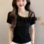 Mùa hè Thiết kế kiểu Pháp Niche Gạc Khâu Bao Bụng Ôm hơn Nhìn Áo thun khí chất thời trang Top
