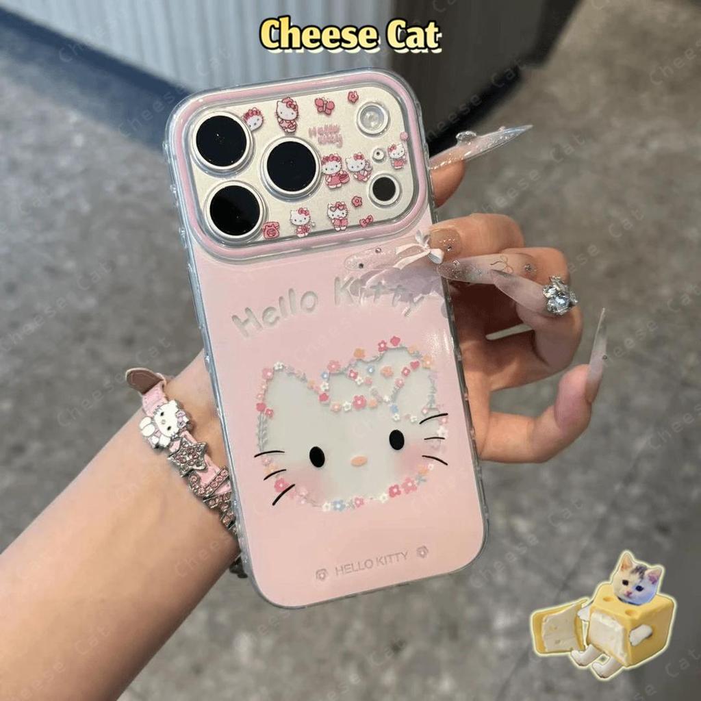 Ốp điện thoại kính hình Kitty mèo rỗng màu hồng cho iPhone Xs Max XR 13 14 15 16 17 Pro Max 12 11 17 Air