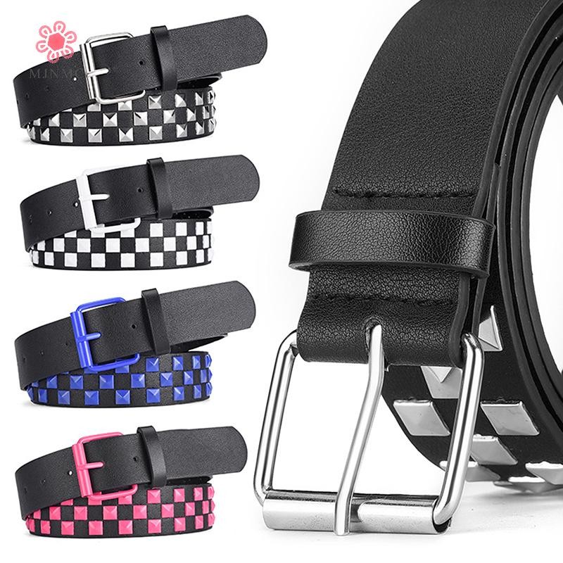 MJnmc Mới Cá Tính Đinh Tán Checkerboard Da Dây 107CM Nam Nữ Thời Trang Đa Năng Hip-hop Punk Thắt Lưng Ins Phong Cách Mới