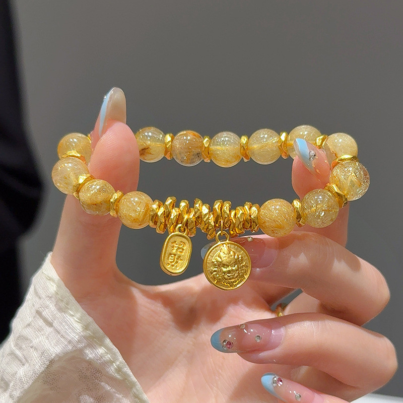 Fortune God Cuộn Giả Vàng Rutilated Vòng Tay Thạch Anh Mới Ins Thiết Kế Sự Giàu Có Thu Hút Vòng Tay Pha Lê May Mắn