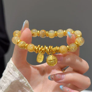 Fortune God Cuộn Giả Vàng Rutilated Vòng Tay Thạch Anh Mới Ins Thiết Kế Sự Giàu Có Thu Hút Vòng Tay Pha Lê May Mắn