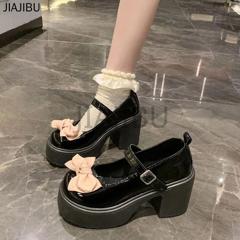 Size 34-44 Giày Da Gót Dày Màu Be/đen Chất Lượng Cao Đồng Phục JK Nhật Bản Lolita Nơ Cho Trường Học Giày Cao Gót Công Chúa Cosplay Mũi Tròn Chống Trượt Cỡ Lớn Phong Cách Pháp Cổ Điển Dành Cho Nữ Korean Fashion Platform Mary Jane Doll Shoes