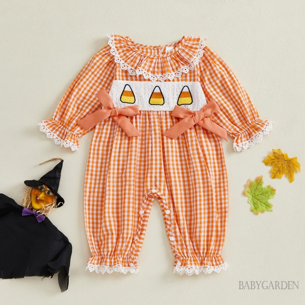 Bộ áo liền quần Halloween cho bé gái - Ren kẻ sọc thêu cổ tròn dài tay cho mùa thu