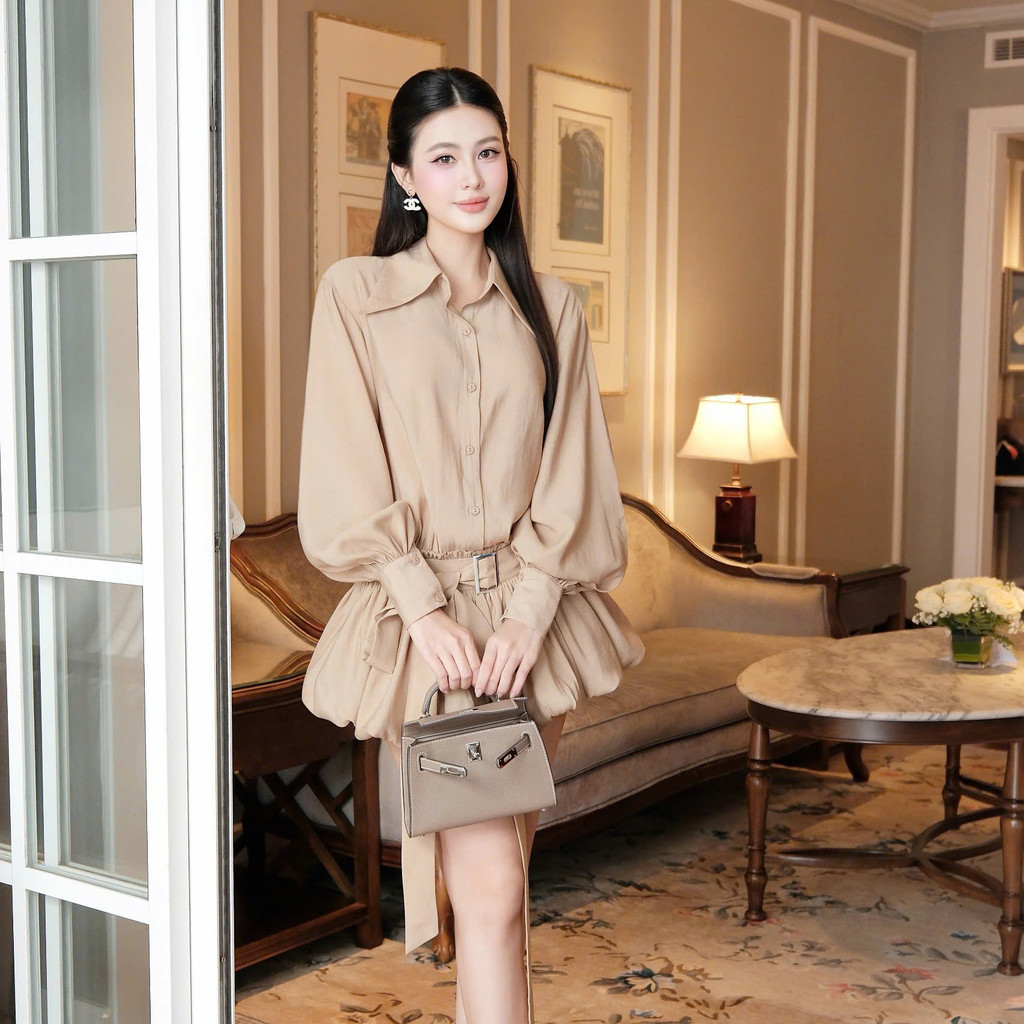 Đầm ngắn Khiết Fashion cổ sơ mi phối chân váy xòe bồng bềnh kèm dây thắt lưng phong cách thanh lịch KD360 KD360A