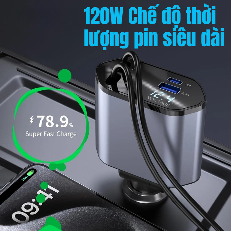 Tẩu Sạc Nhanh ô tô 120W 4-in-1, Bộ sạc xe hơi, màn hình LED thông minh, USB Type-C