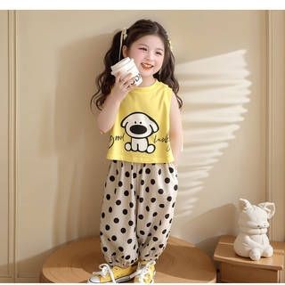 Bộ đồ bé gái mùa hè dễ thương - Áo thun in hình chó + quần chấm bi rộng rãi