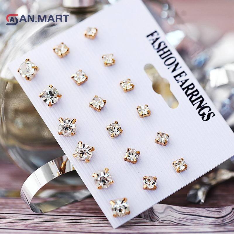 Bigdealssuper Thời Trang Đơn Giản 9 Đôi / bộ Mix Bông Tai Bông Tai Hình Học Vuông Cho Nữ Mới Kim Cương Giả Pha Lê Bông Tai Trang Sức Siêu