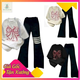 sét bộ quần ống loe + mix áo phông nơ Loang form rộng-