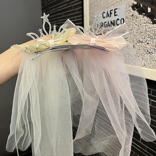 Mới 2025 Vương Miện Ngọt Ngào Veil Trẻ Em Xanh Hồng Công Chúa Tuyn Nơ Kẹp Bé Gái Tiệc Sinh Nhật Cô Dâu Phụ Kiện