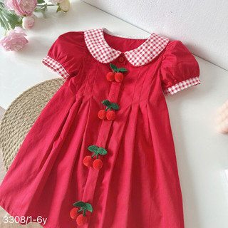 Váy Đỏ Tết Noel Cộc Tay Cổ Sen Caro Đính Cherry Cho Bé Gái Chất Thô Lụa 8-26kg