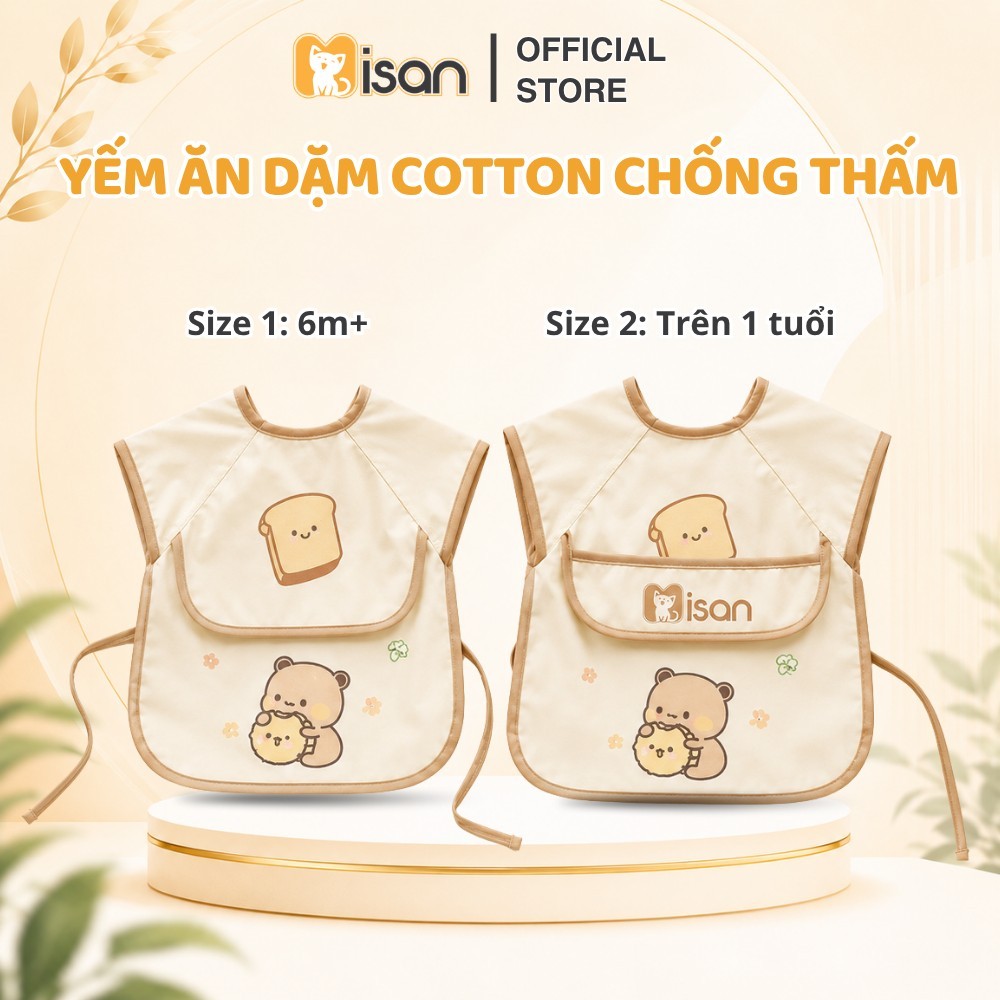 Áo yếm ăn dặm cho bé MISAN chống thấm cộc tay 2 lớp cotton thoáng mát, yếm tập ăn BLW an toàn