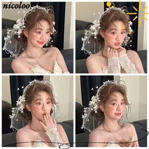 Veil cưới NICOLOO, có ruy băng phong cách Pháp Cô dâu nơ ren dài, Mũ nón cưới cô dâu thêu cổ điển màu ngà