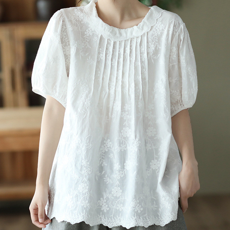 Áo sơ mi nữ chất liệu cotton cao cấp Hàn Quốc Dongdaemun cổ búp bê ren cổ điển lót thêu văn học