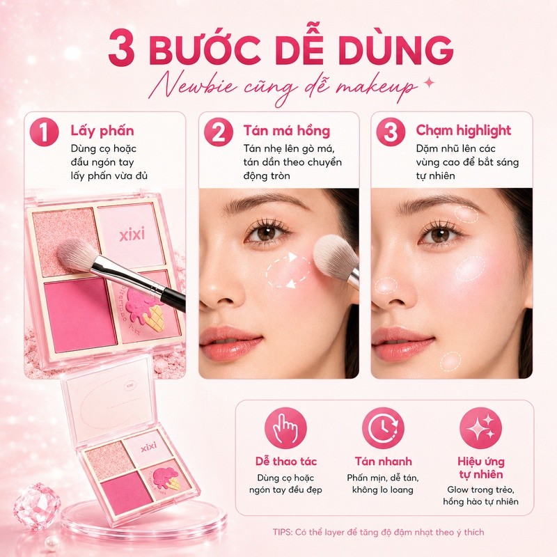 XIXI D511 Bảng Má Hồng 4 Ô Bắt Sáng Tự Nhiên Tạo Hiệu Ứng Hồng Hào