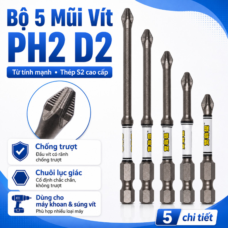 Bộ Mũi Vít Chống Trượt PH2 D2 - Chất Thép Hợp Kim Cứng, Từ Tính Mạnh, Bền Bỉ Cho Mọi Công Việc Khoan & Bắt Vít