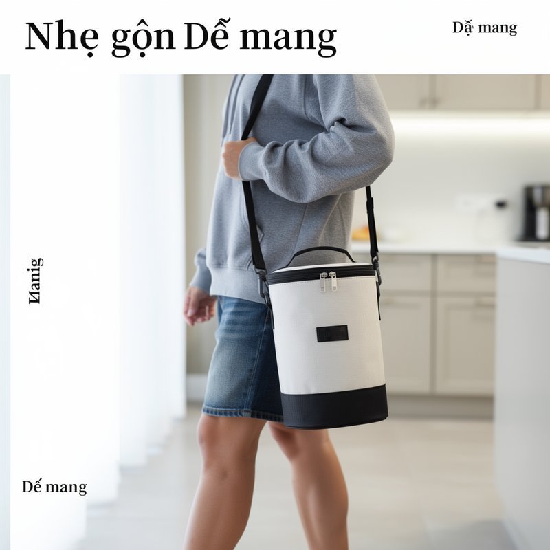 Túi Giữ Nhiệt đựng Cơm Văn Phòng Dạng Trụ 3 Lớp Chống Nước Quai Xách đeo Vai Dung Tích Lớn