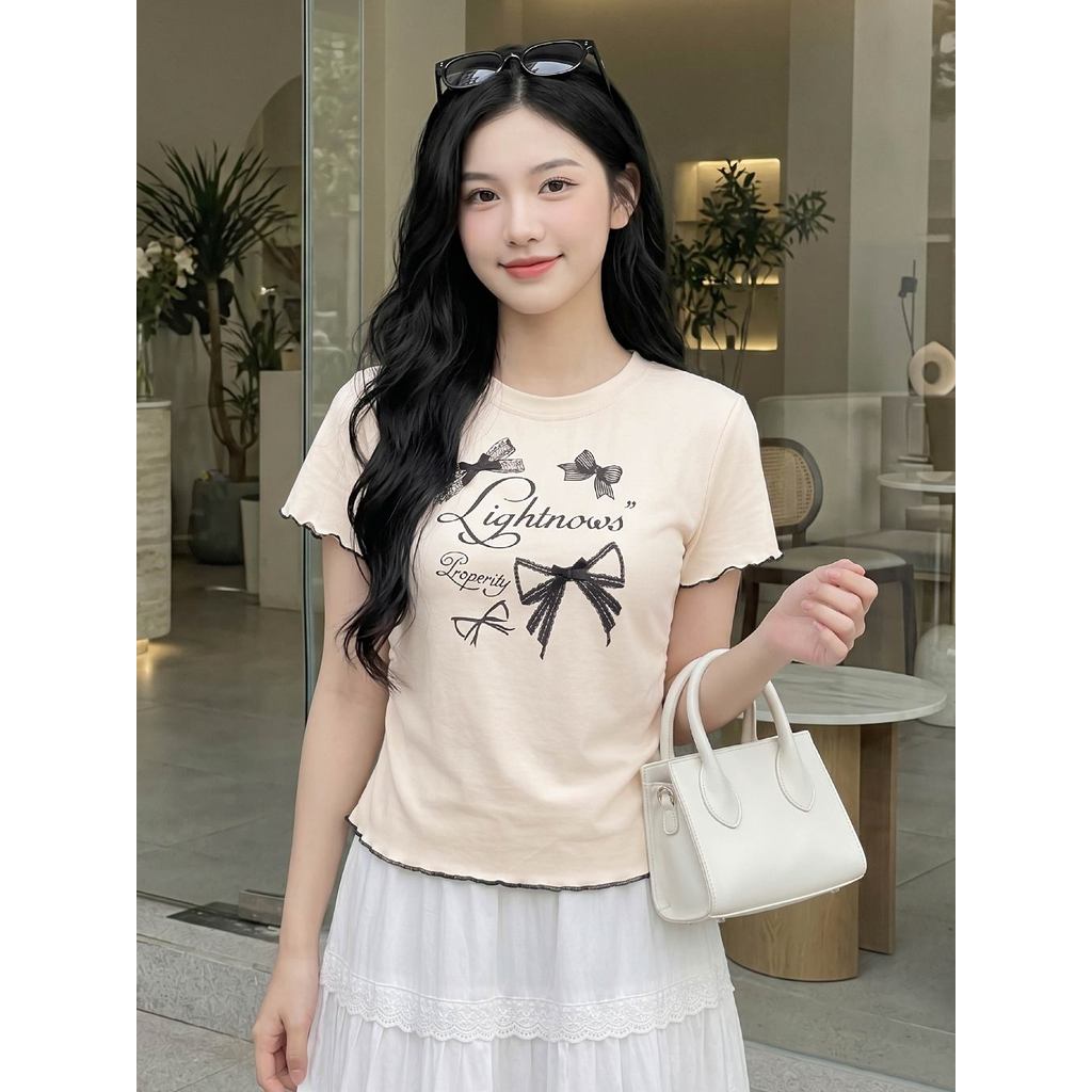 Áo thun nữ CARDINA chất liệu thun Zip tay cộc cổ tròn phối viền 6ATC12