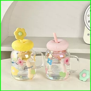 YB2 Tay Cầm Hoa Cốc Thủy Tinh Có Bánh Donut Nắp Silicon Có Thể Tháo Rời Hoa Topper Ống Hút Chịu Nhiệt