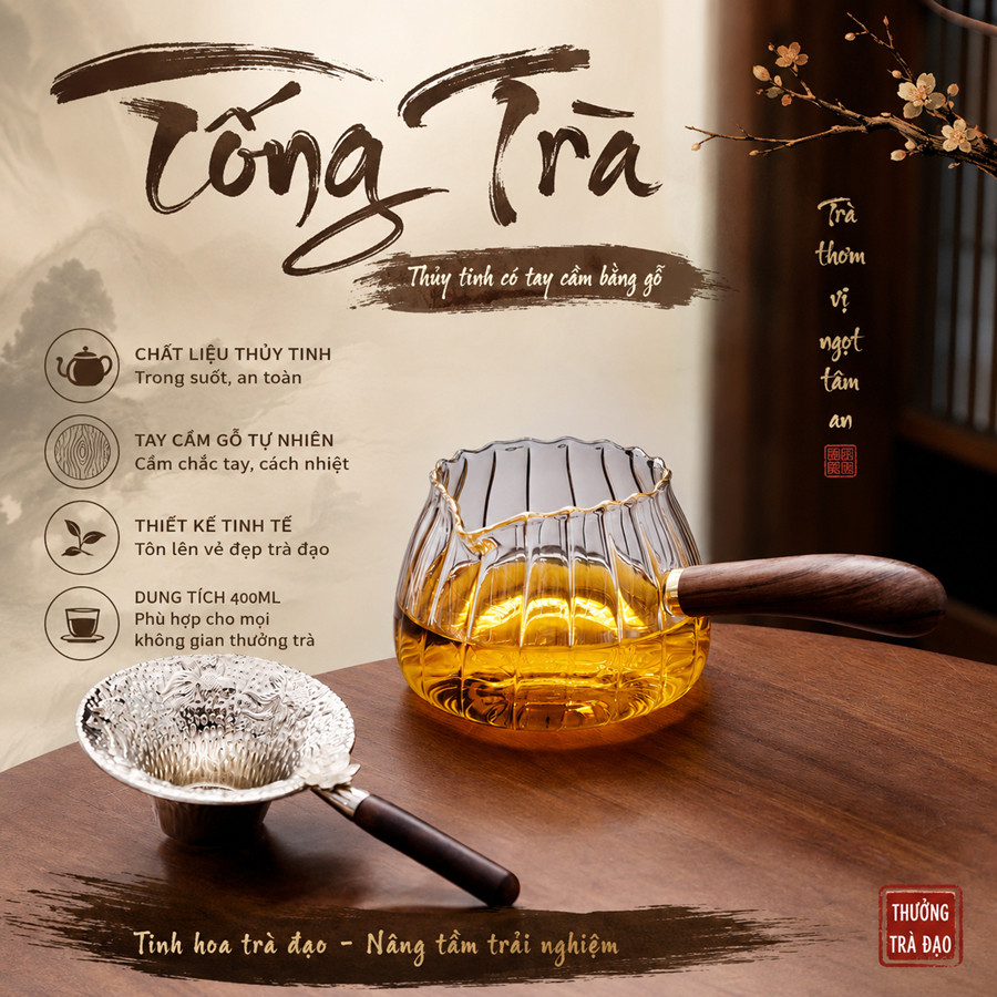 TỐNG TRÀ BẰNG THỦY TINH CHỊU NHIỆT CÓ TAY CẦM GỖ 400ML – PHỤ KIỆN TRÀ ĐẠO CAO CẤP