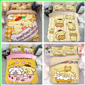 YB2 Sanrio Pompompurin 3IN1 Ga trải giường Vỏ chăn gối Bộ chăn ga gối Phòng ngủ gia đình Có thể giặt được Bộ đồ dễ thương
