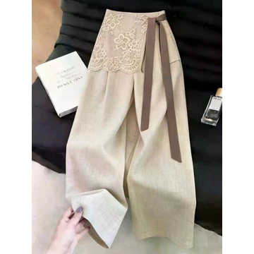 Yuhe Shop, Quần cạp cao cỡ lớn M-3XL, Quần thẳng, Quần ống rộng, Quần ống rộng, Quần ống rộng khâu ren phong cách Hồng Kông, Quần ống rộng lớn