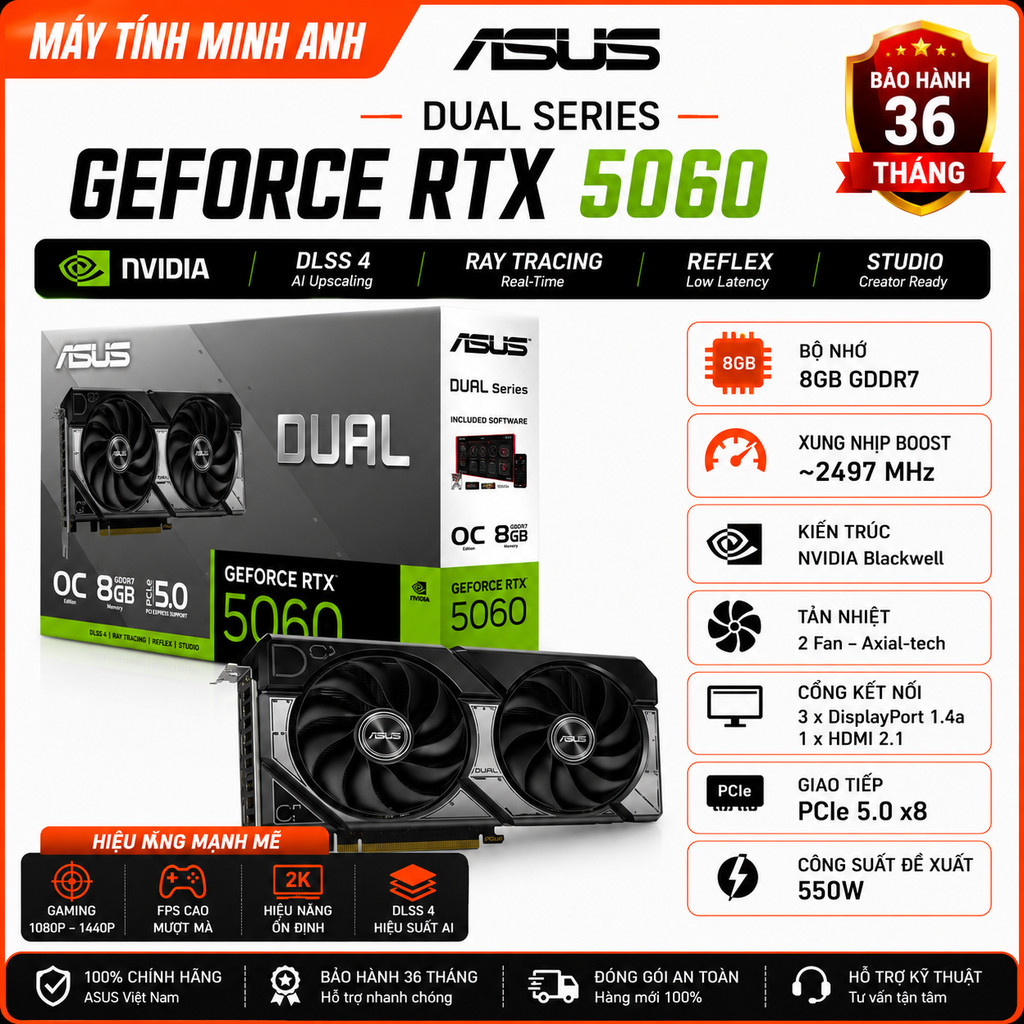 Card Màn Hình ASUS Dual GeForce RTX 5060 OC 8GB GDDR7 Chính Hãng | VGA RTX 5060 8G | Bảo Hành 36 Tháng