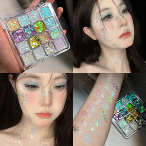 Bảng Phấn Mắt 16 Màu Nhũ Lấp Lánh Kèm Đá Đính Mặt Sticker Trang Điểm Makeup Dự Tiệc Siêu Sang