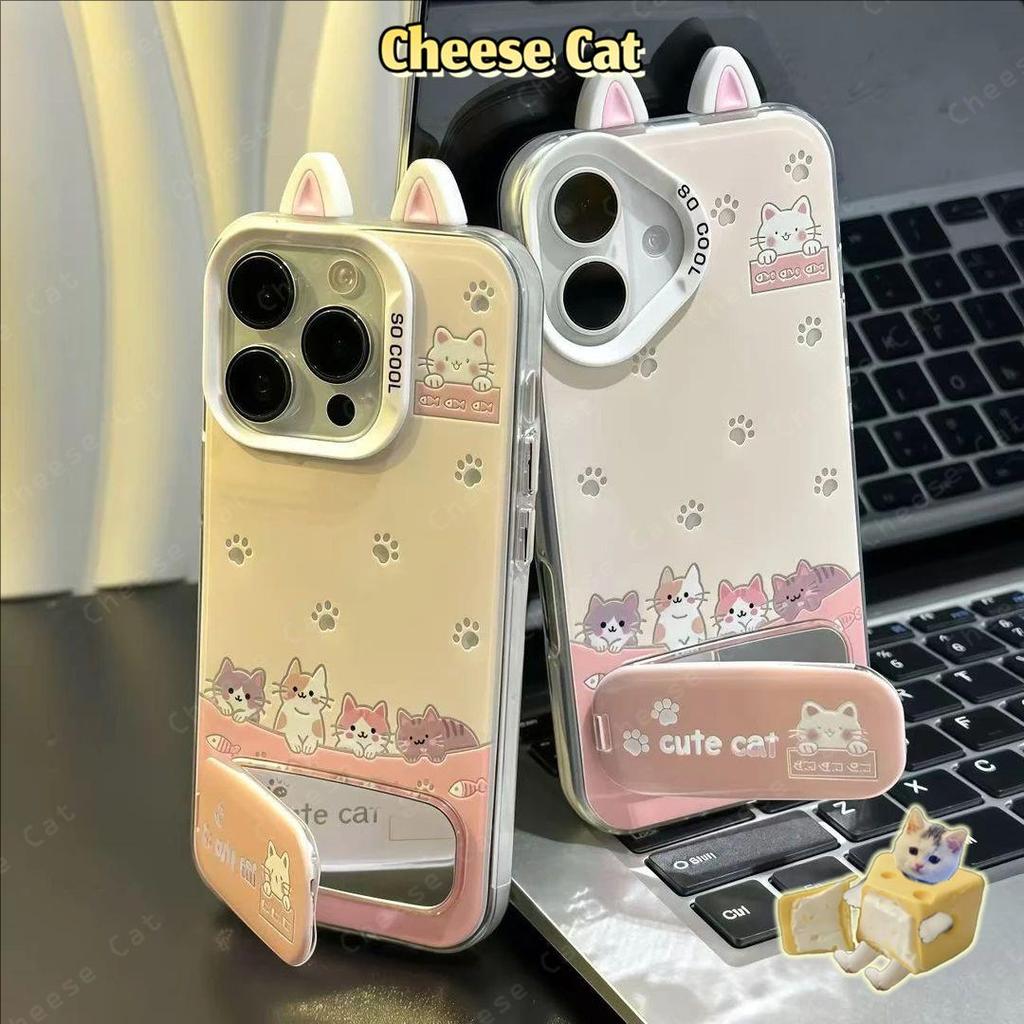 Ốp Điện Thoại Tai Mèo Dễ Thương Và Gương Giá Đỡ Điện Thoại Cho iPhone 17 Pro 16 15 14 13 12 11 Pro Max XR Xs Max 7 Plus