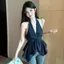 Áo sơ mi dây cổ chữ V thắt nút không đều dành cho nữ Mùa hè Phong cách mới Nơ-Knot dáng rộng hẹp