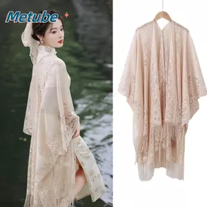Áo len Cardigan ren METUBE, Khăn choàng ren dài màu tinh khiết, Trang phục nữ Vải lanh Cotton mỏng Tua rua Drape Nhẹ Khăn choàng rỗng Phong cách dân tộc