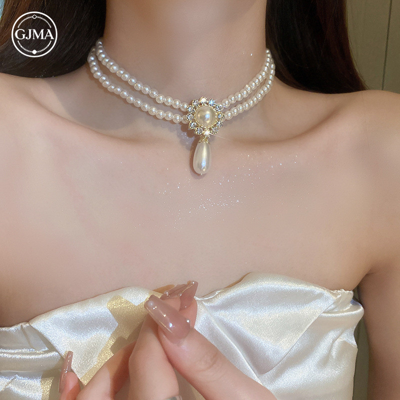 Vòng cổ ngọc trai tráng kim cương sang trọng của Pháp, phụ kiện dây chuyền xương đòn cổ điển thời trang dành cho nữ