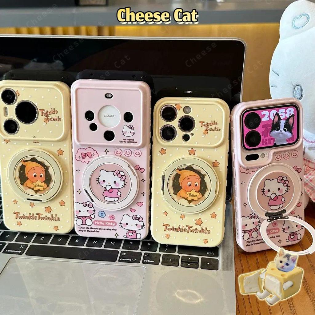 Ốp điện thoại màu hồng Kitty Star màu vàng Chân đế xoay kim loại cho iPhone 16 17 13 14 15 Plus 12 11 Pro Max Xs XR