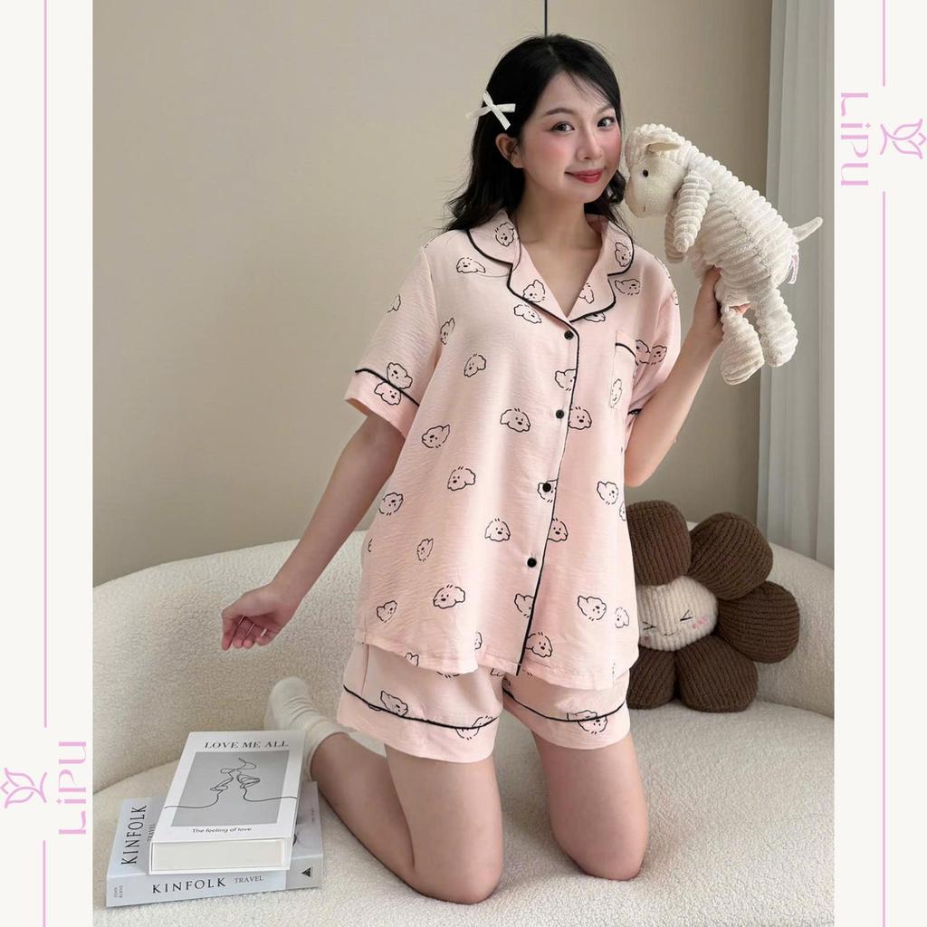 Set Pyjama Cộc Cổ Bẻ Họa Tiết Gấu Pha Viền S01 LIPU