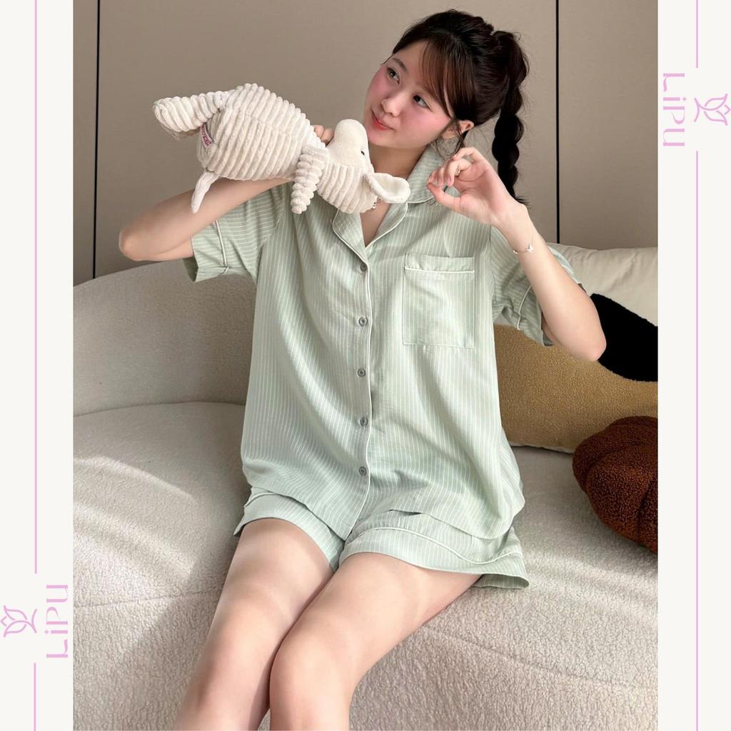 Set Pyjama Cộc Tay Sọc Tăm Phối Viền S04 LIPU