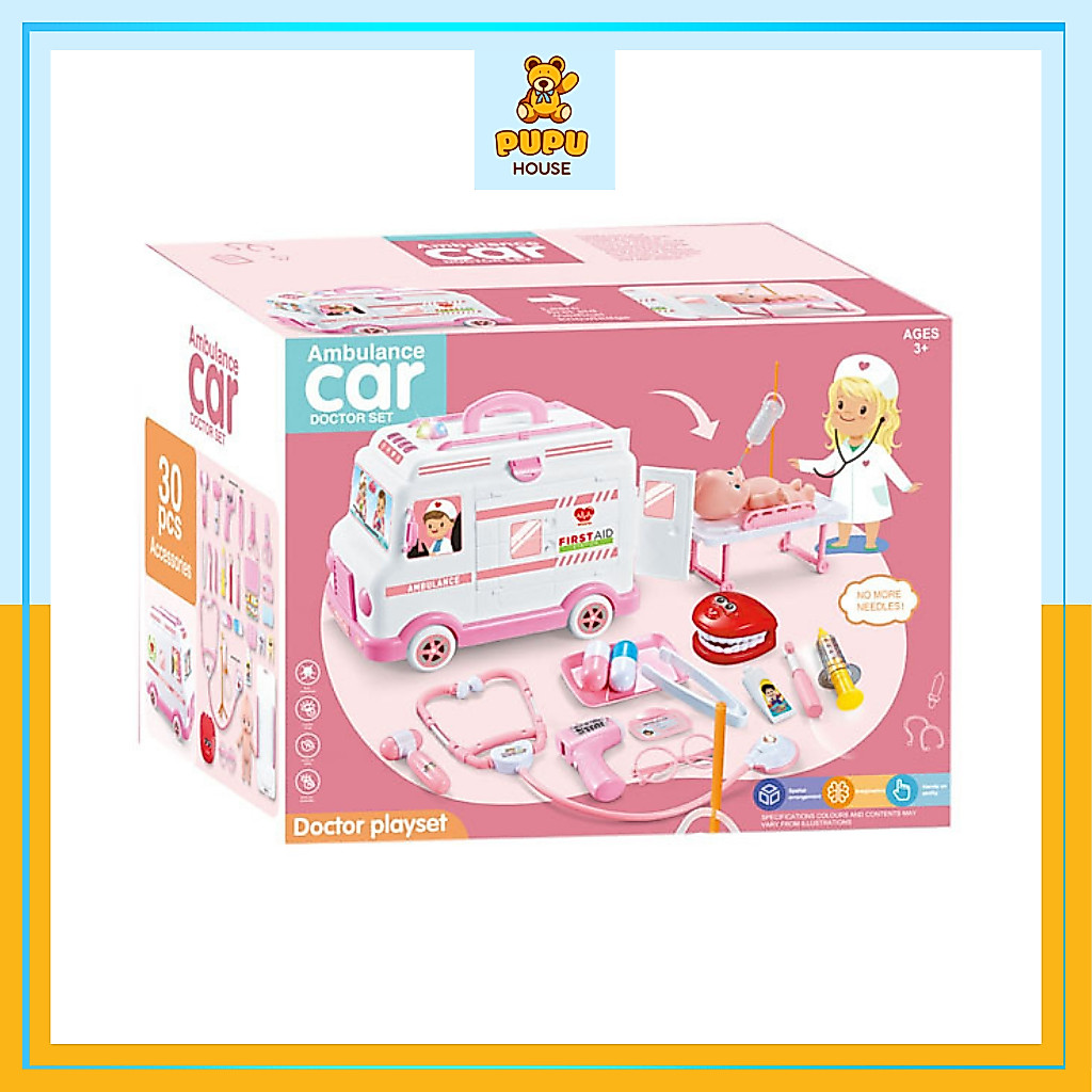 Ô tô Đồ Chơi Bác Sĩ Xe Cứu Thương Cho Bé Gái Đóng Vai Y Tá Khám Bệnh Có Đèn Nhạc Đồ Chơi Nhập Vai - PUPU H