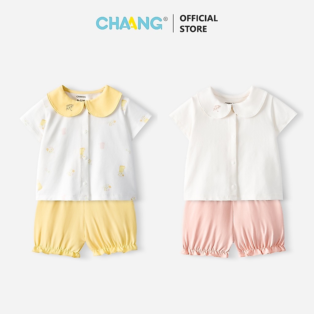[CHAANG 0-12M] Bộ quần áo cộc tay cổ sen/cúc giữa Mưa cho bé gái và bé trai