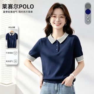 Phong Cách Hàn Quốc Đi Lại Màu Xanh Hải Quân Cổ POLO Phong Cách Mỏng Dệt Kim Tay Ngắn Nữ Thiết Kế Mùa Hè Rời Top