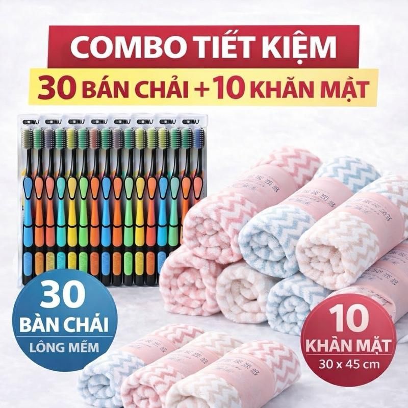 [COMBO 30 BÀN CHẢI+10 KHĂN MẶT] Bàn Chải Than Tre Hoạt Tính Lông Mềm Mịn, Khăn Mặt Hàn Quốc Siêu Mềm Thấm Hút Tốt