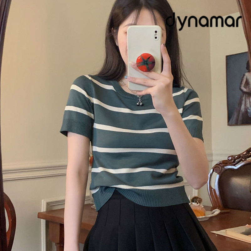 【dynamar】Áo thun ngắn tay dệt kim kẻ sọc tương phản màu sắc dành cho nữ, thiết kế mùa hè, kiểu dáng ôm sát.
